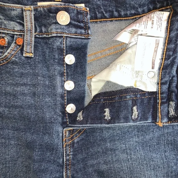 Levis Wedgie Straight Size 24 Distressed Dark Wash Button Fly Jeans - Picture 6 of 11